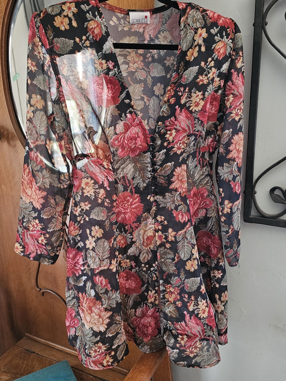 Vintage Scarlett Floral Mini Dress Romantic Cottagecore Button Front Long Sleeve